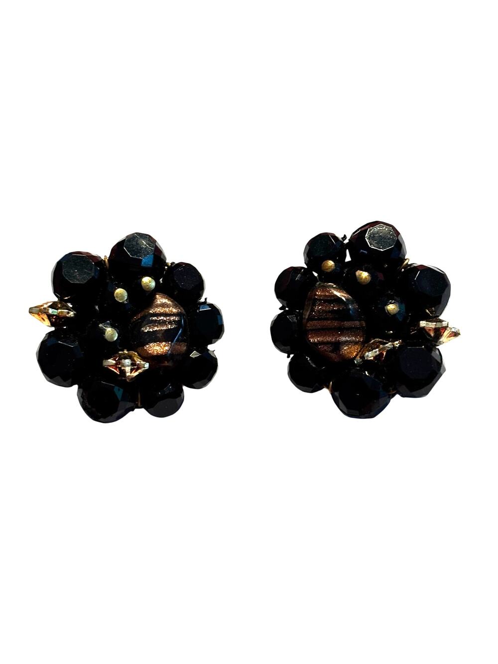 Vintage mid century clip on earrings black faceted glass crystals dramatic 60’s
